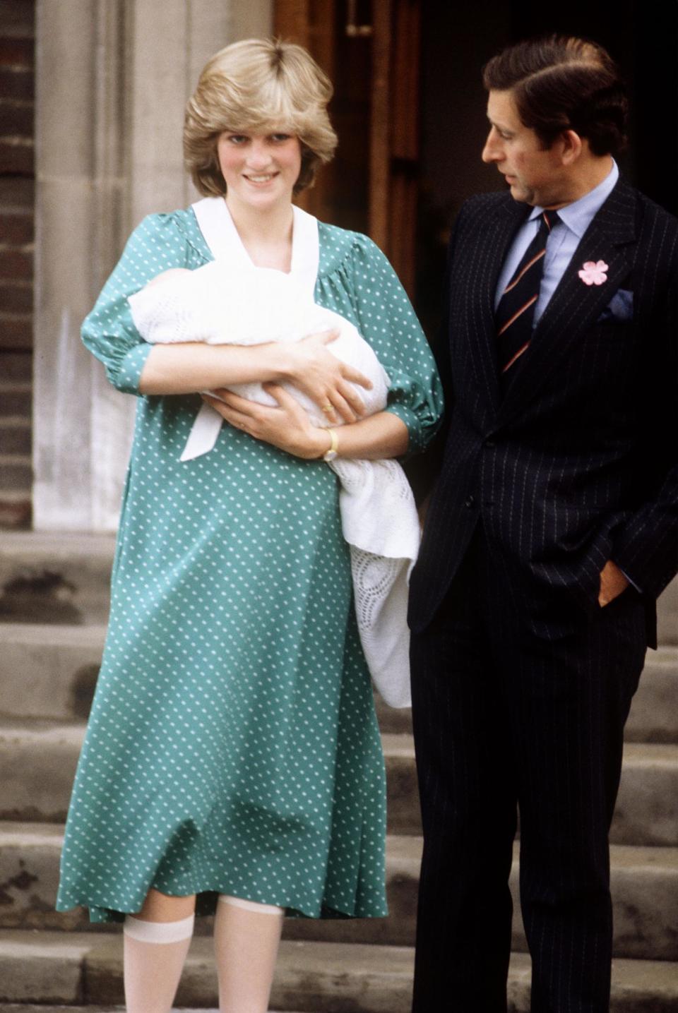 Princess Diana and Prince Charles pictured leaving St Mary’s hospital in London with their first son, Prince William, in 1982. Diana wore a statement green polka dot dress with a white Peter Pan collar. The Duchess of Cambridge famously referenced this look when she chose a light blue polka-dot dress by British designer Jenny Packham for the moment she stepped out of the same hospital holding her first child with Prince William, Prince George, in 2013. (Rex Features)