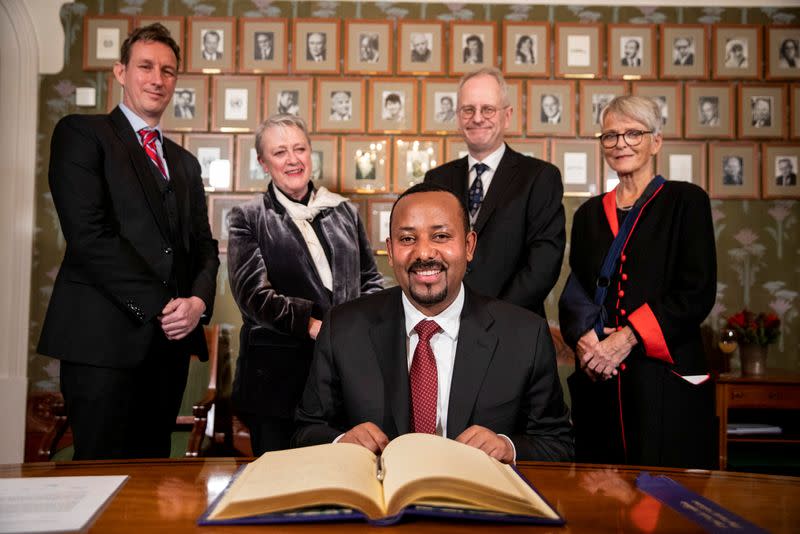 2019 Nobel Peace Prize laureate, Ethiopia's Prime Minister Abiy Ahmed poses with Nobel committee members in Oslo