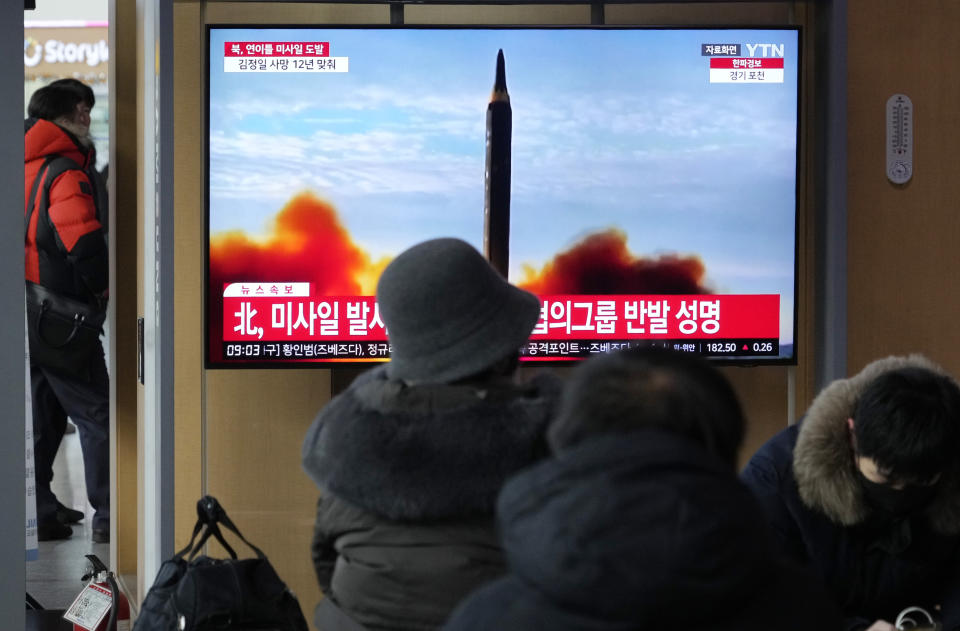 A TV screen shows a file image of North Korea's missile launch during a news program at the Seoul Railway Station in Seoul, South Korea, Monday, Dec. 18, 2023. North Korea fired an intercontinental ballistic missile into the sea Monday in a resumption of its high-profile weapons testing activities, its neighbors said, as the North vows strong responses against U.S. and South Korean moves to boost their nuclear deterrence plans. (AP Photo/Ahn Young-joon)