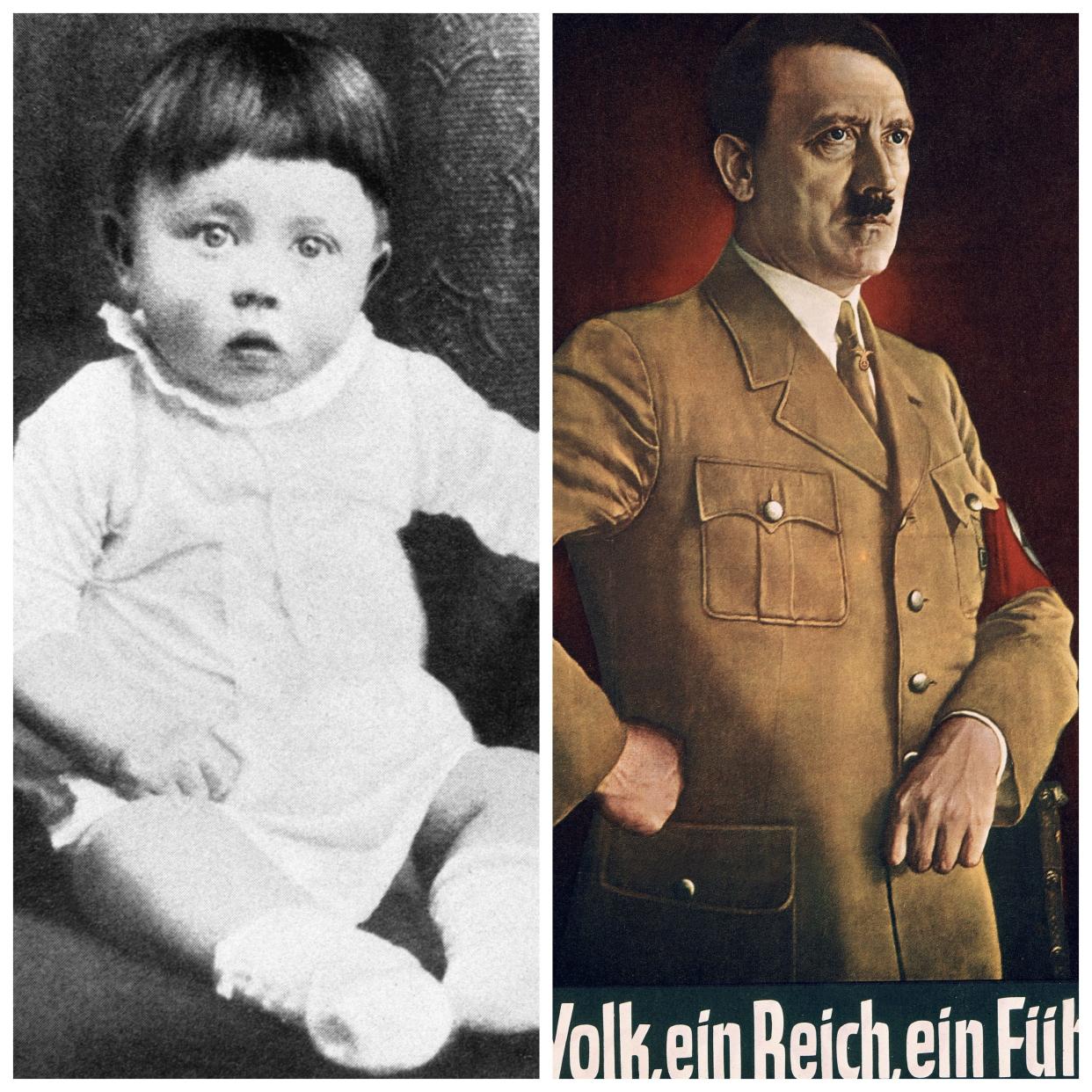 A photo of Adolf Hitler as a baby alongside a propaganda poster of him as an adult.