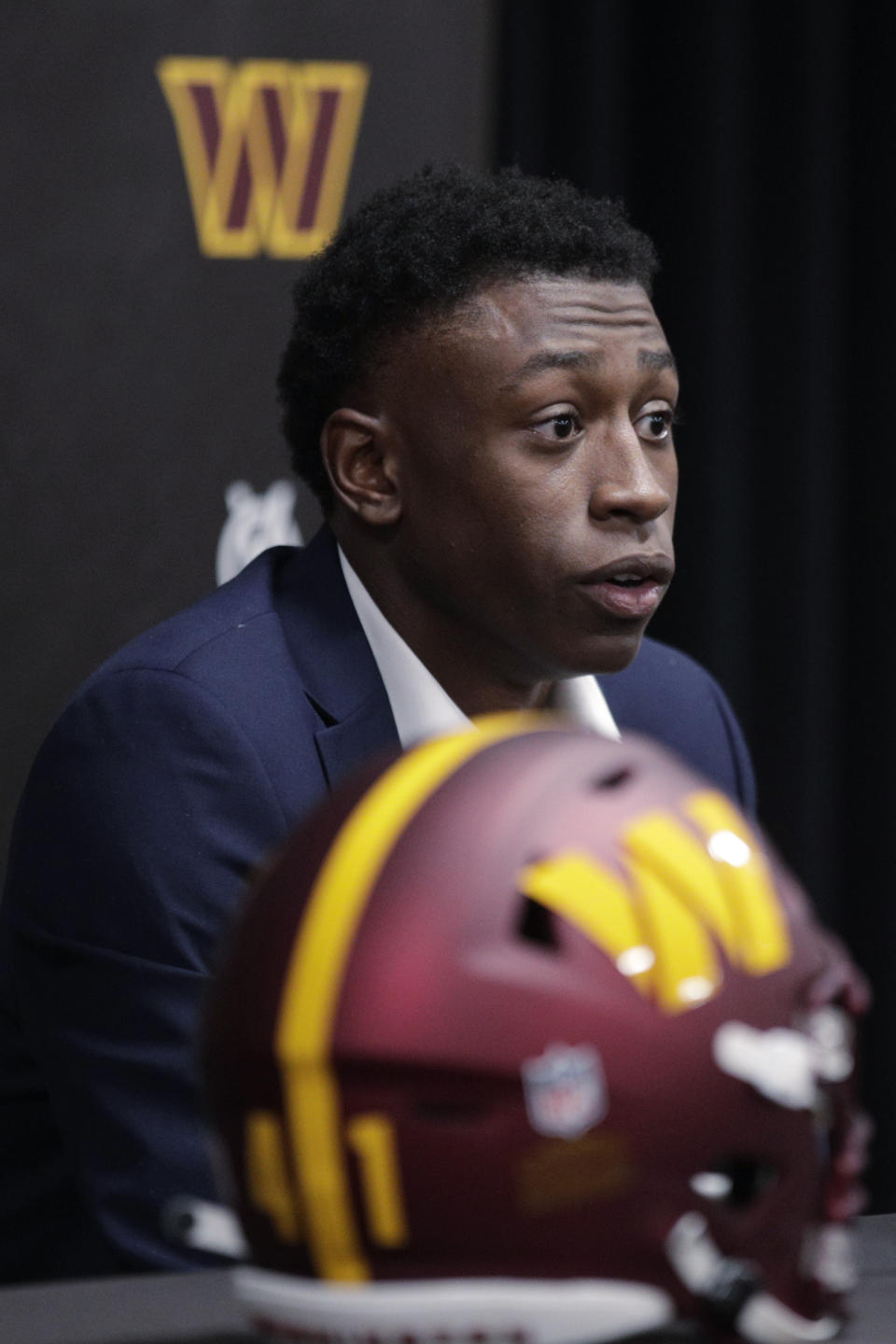 The Washington Commanders' first-round draft pick, Mississippi State cornerback Emmanuel Forbes, speaks during a news conference at the NFL football team's training facility in Ashburn, Va., Friday, April 28, 2023. (AP Photo/Luis M. Alvarez)