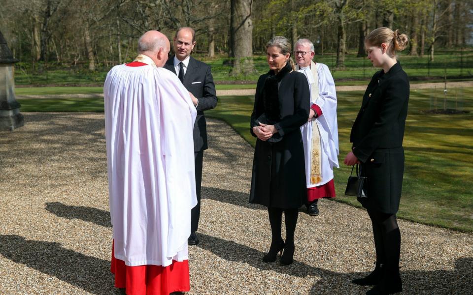 The Earl and Countess of Wessex, with their daughter Lady Louise Windsor, talk to Cannon Martin Poll, Domestic Chaplin to Her Majesty The Queen, - Steve Parsons 