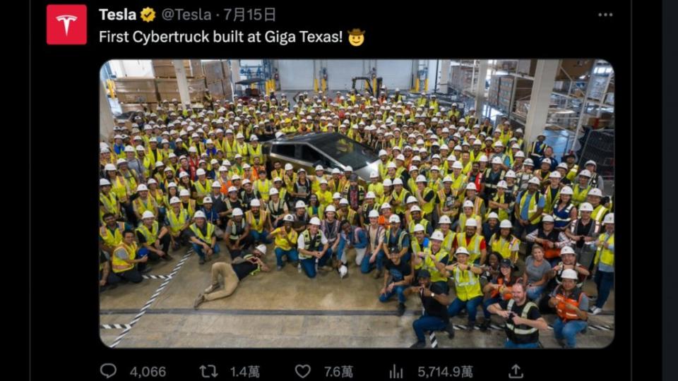 7月時首輛Cybertruck步下德州工廠產線，預計年底就會少量交車。(圖片來源/ Tesla)