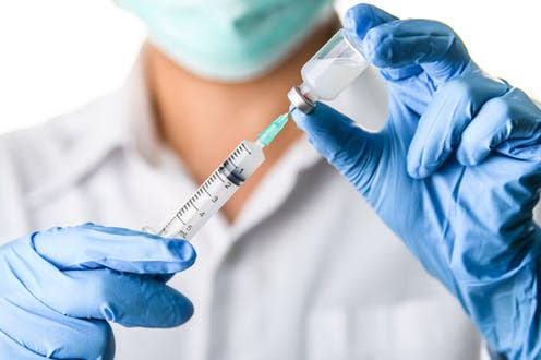 <span class="caption">A vaccine must go through six crucial steps.</span> <span class="attribution"><a class="link " href="https://www.shutterstock.com/image-photo/doctor-nurse-scientist-hand-blue-nitrile-1489783262" rel="nofollow noopener" target="_blank" data-ylk="slk:PhotobyTawat/ Shutterstock;elm:context_link;itc:0;sec:content-canvas">PhotobyTawat/ Shutterstock</a></span>