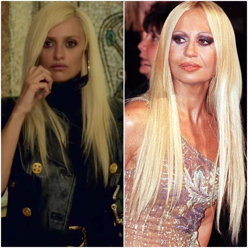 Cruz plays Donatella Versace, the sister and close confidante of Gianni. "I didn’t want to do an imitation of Donatella or a caricature. I wanted to try to capture the essence of who she is," Cruz told <a rel="nofollow noopener" href="https://www.interviewmagazine.com/film/penelope-cruz-gwyneth-paltrow" target="_blank" data-ylk="slk:Interview magazine;elm:context_link;itc:0;sec:content-canvas" class="link "><em>Interview</em> magazine</a> last fall. The resemblance is uncanny—in this above photo, especially. Donatella's long-blond hair is iconic, after all.