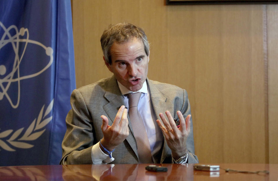 Director General of International Atomic Energy Agency (IAEA) Rafael Mariano Grossi from Argentina, gestures during an interview with The Associated Press at the International Center in Vienna, Austria, Tuesday, Dec. 3, 2019. The new head of the U.N.’s atomic watchdog agency says it still has not received the information it needs from Iran on the discovery of uranium particles of man-made origin at a site near Tehran that wasn’t declared to the agency. (AP Photo/Ronald Zak)