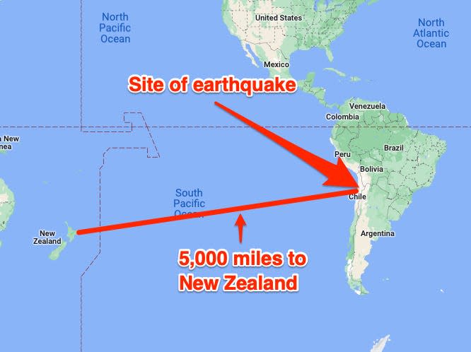 The tsunami stretched more than 5,000 miles from Chile to New Zealand, the study said.