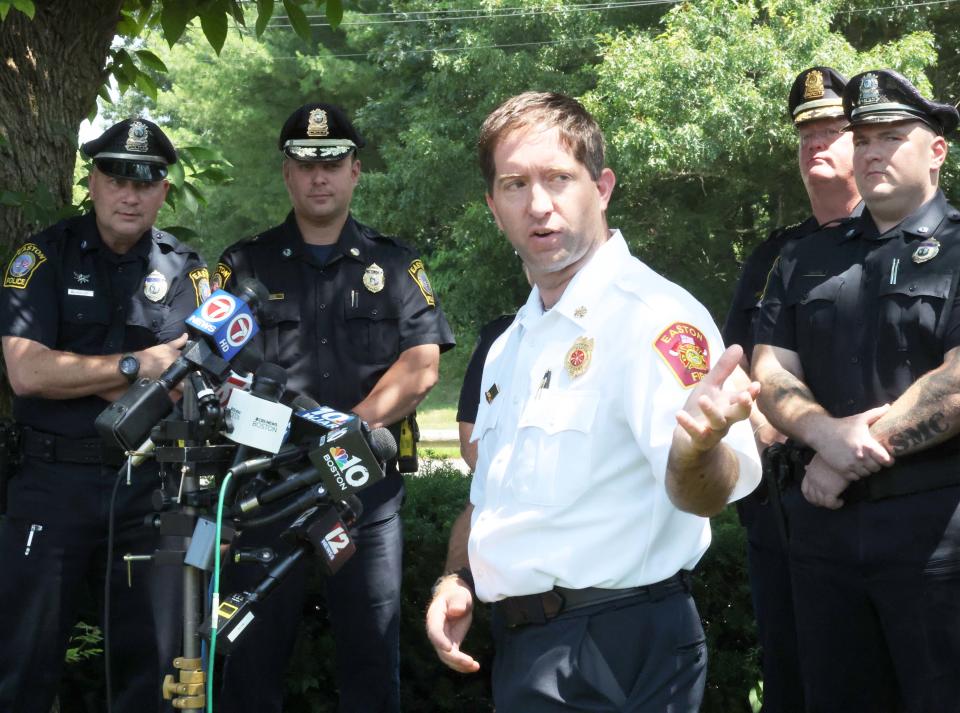 At a press conference at the Easton public safety building on Wednesday, July 5, 2023, Easton Fire Chief Justin Alexander talks about the rescue of Emma Tetewsky, 31, of Stoughton, on Monday, July 3, 2023, at Borderland State Park. Tetewsky had been stuck in the mud for upwards of three days.