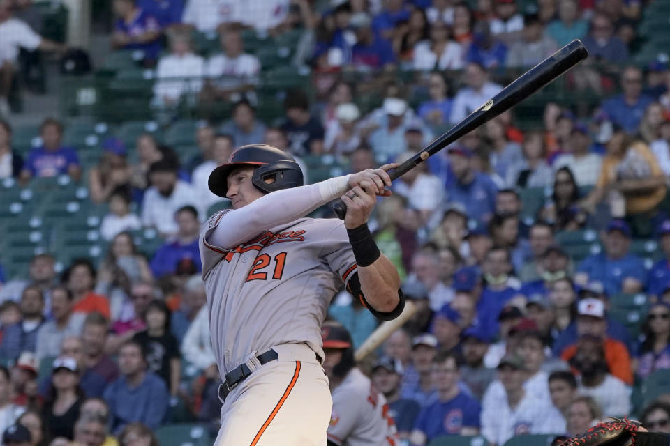 Baltimore Orioles' Austin Hays watches an RBI single off Chicago Cubs starting pitcher Justin Steele during the first inning of a baseball game Wednesday, July 13, 2022, in Chicago. (AP Photo/Charles Rex Arbogast)