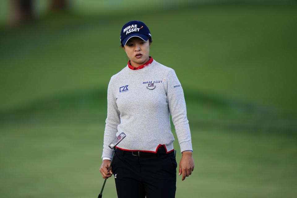 Sei Young Kim, of South Korea, lines up a putt on the eighth hole during the second round of the KPMG Women's PGA Championship golf tournament at the Aronimink Golf Club, Friday, Oct. 9, 2020, in Newtown Square, Pa. (AP Photo/Matt Slocum)