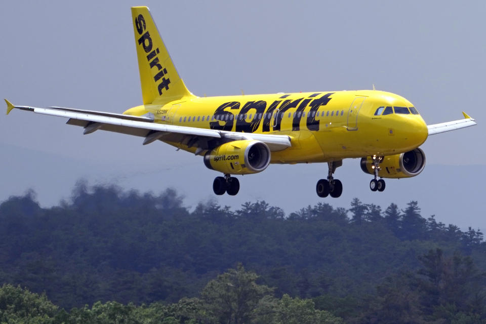 FILE - A Spirit Airlines 319 Airbus approaches Manchester Boston Regional Airport for a landing, Friday, June 2, 2023, in Manchester, N.H. What's next for Spirit Airlines, now that it won't be merging with JetBlue? Some Wall Street analysts are starting to raise the possibility of bankruptcy. Spirit Airlines stock was falling again on Wednesday, Jan 17, 2024, a day after a federal judge blocked JetBlue's proposed $3.8 billion purchase of Spirit. (AP Photo/Charles Krupa, File)