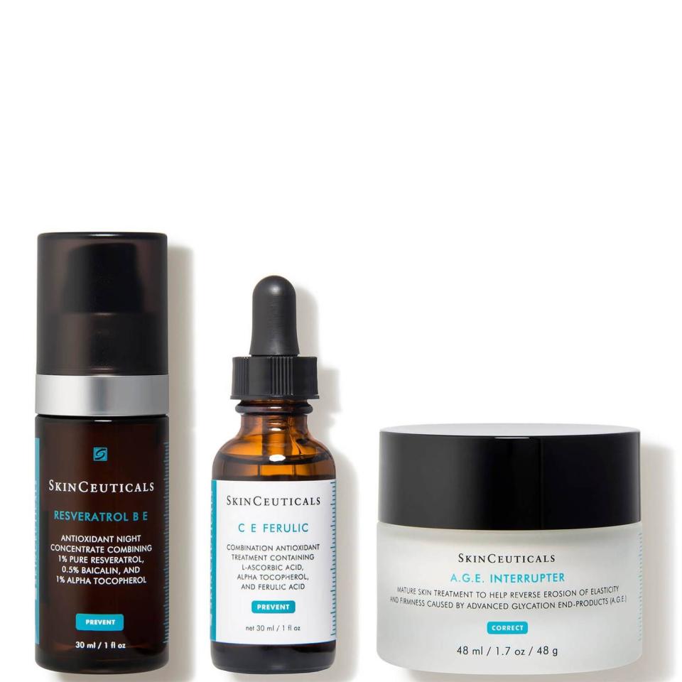 <p><strong>SkinCeuticals</strong></p><p>dermstore.com</p><p><strong>$345.00</strong></p><p><a href="https://go.redirectingat.com?id=74968X1596630&url=https%3A%2F%2Fwww.dermstore.com%2Fskinceuticals-anti-aging-skin-care-routine%2F11289601.html&sref=https%3A%2F%2Fwww.townandcountrymag.com%2Fstyle%2Fbeauty-products%2Fg23130448%2Fskin-care-gift-sets%2F" rel="nofollow noopener" target="_blank" data-ylk="slk:Shop Now;elm:context_link;itc:0;sec:content-canvas" class="link ">Shop Now</a></p><p>A super deal on a super trio. Skinceuticals CE Ferulic is the gold-standard brightening serum beloved by dermatologists, and this set combines it with the brand's Resveratrol BE—the nighttime counterpart to CE Ferulic—and A.G.E. Interrupter, a high-performance rejuvenating cream that fights crepiness and wrinkling while also working to boost skin's elasticity. </p>