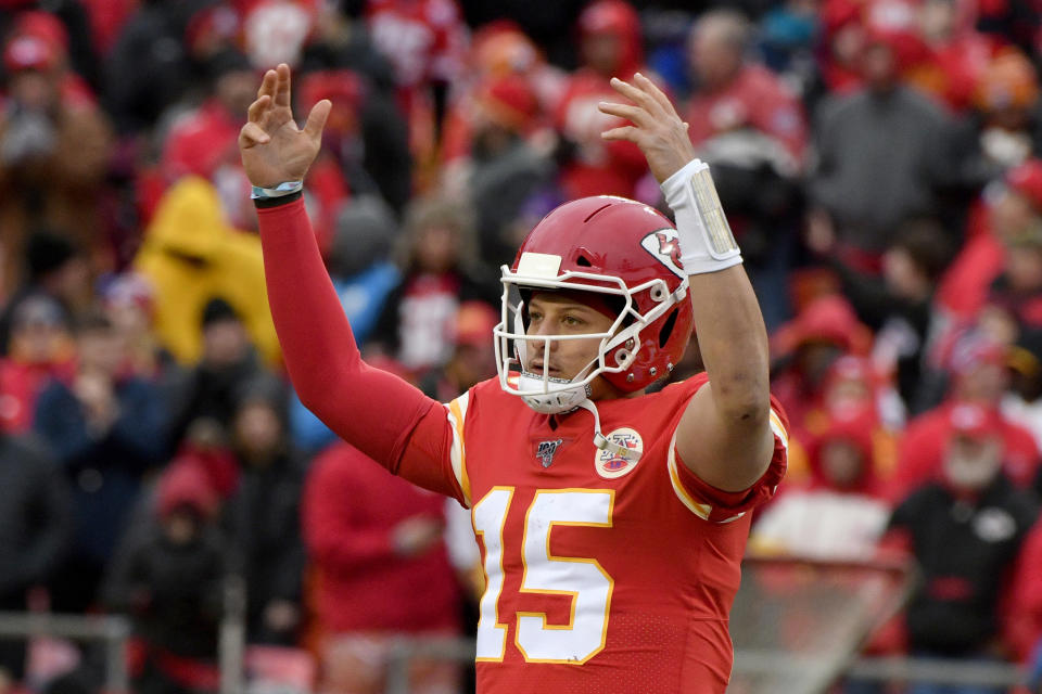 Kansas City Chiefs quarterback Patrick Mahomes (15) celebrates following an NFL football game against the Los Angeles Chargers in Kansas City, Mo., Sunday, Dec. 29, 2019. Kansas City Chiefs won 31-21. (AP Photo/Ed Zurga)