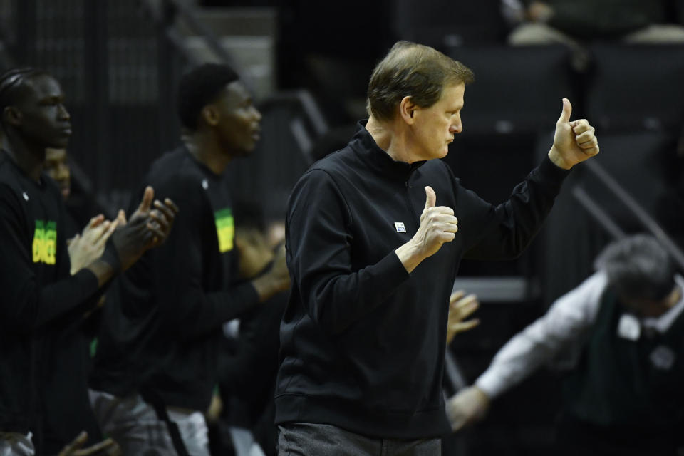 Oregon head coach Dana Altman reacts to his team's play against Colorado during the first half of an NCAA college basketball game Thursday, Jan. 26, 2023, in Eugene, Ore. (AP Photo/Andy Nelson)