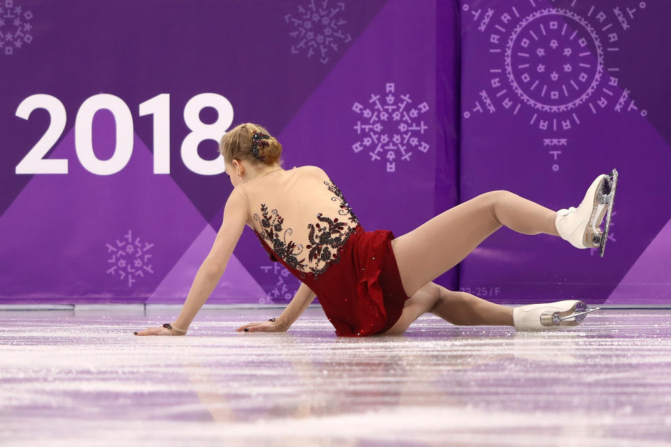 Bradie Tennell falls while competing during the Ladies Single Skating Short Program on day twelve of the PyeongChang 2018 Winter Olympic Games at Gangneung Ice Arena on February 21, 2018 in Gangneung, South Korea