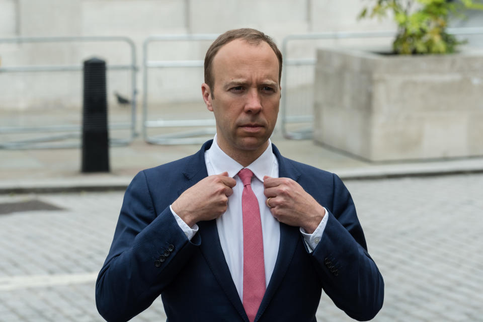 LONDON, UNITED KINGDOM - JUNE 06, 2021: Secretary of State for Health and Social Care Matt Hancock gives an interview to the media outside the BBC Broadcasting House in central London before appearing on The Andrew Marr Show on June 06, 2021 in London, England. (Photo credit should read Wiktor Szymanowicz/Barcroft Media via Getty Images)