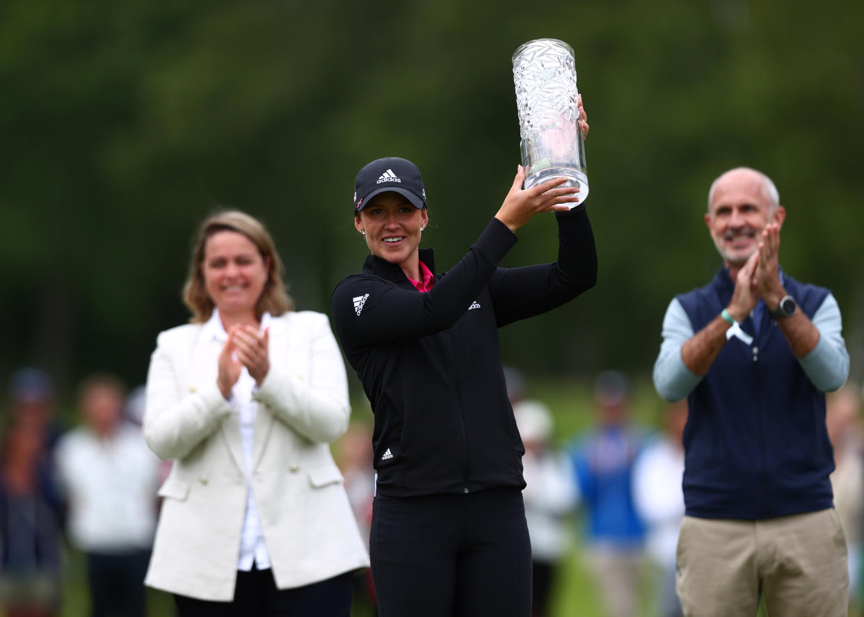 HALMSTAD, SWEDEN - JUNE 12: Linn Grant of Sweden poses with the trophy after victory on Day Four of the Volvo Car Scandinavian Mixed Hosted by Henrik & Annika at Halmstad Golf Club on June 12, 2022 in Halmstad, Sweden. (Photo by Naomi Baker/Getty Images)
