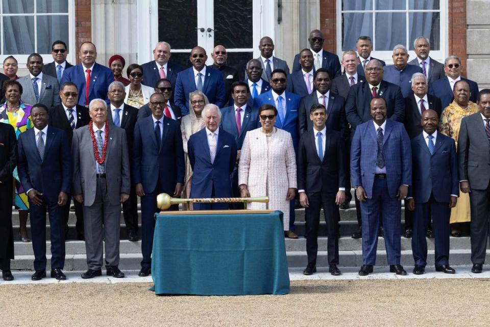 King Charles III (centre) poses with commonwealth leaders attending his coronation during a reception at Marlborough House, London. Picture date: Friday May 5, 2023.