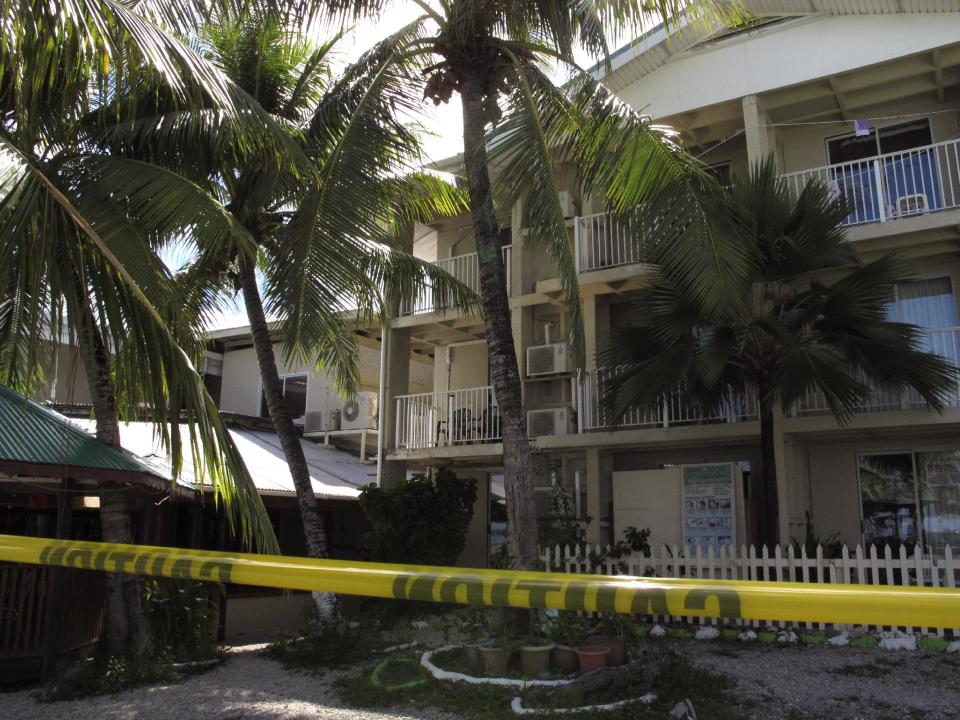 This exterior photo shows the Marshall Islands Resorts hotel where Jose Salvador Alvarenga stays in a room, seen at right on the second floor, in Majuro, Marshall Islands, Sunday, Feb. 9, 2014. The Salvadoran man who says he spent more than a year drifting across the Pacific Ocean before making landfall in the Marshall Islands is too weak to travel and will remain in the island nation for a while, an official said Saturday. (AP Photo/Miki Toda)