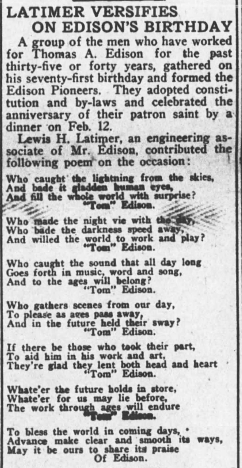This poem written by Lewis H. Latimer was published in the New York Age on Feb. 23, 1918, for the birthday of inventor Thomas Edison.