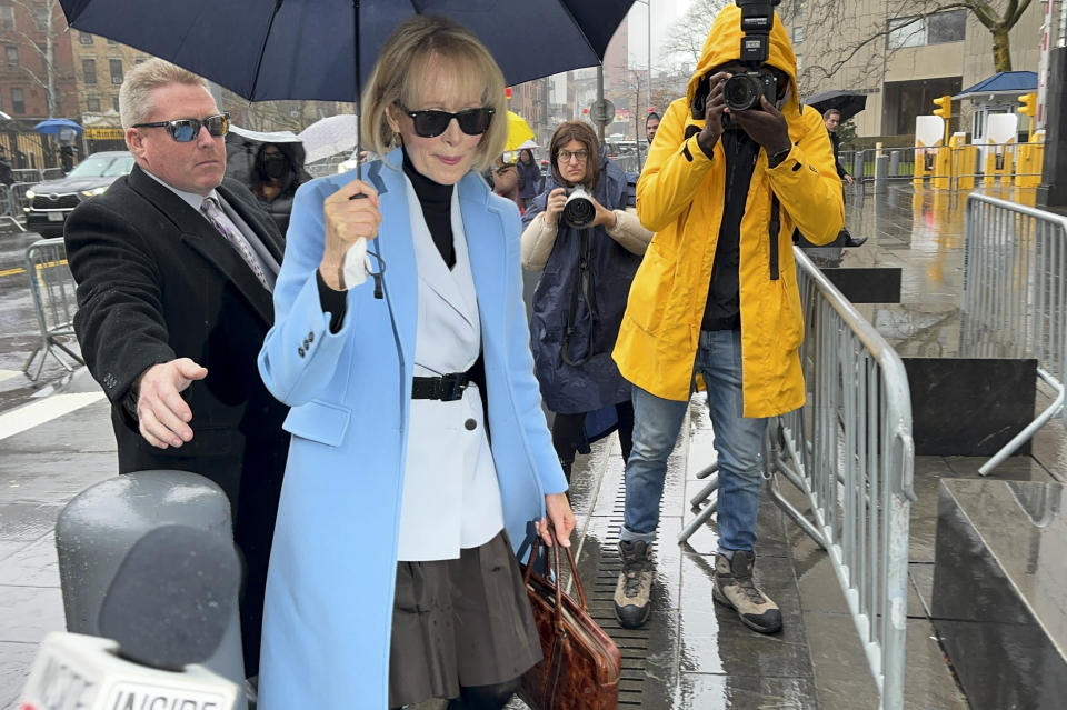 E. Jean Carroll arrives at Manhattan federal court, Thursday, Jan. 25, 2024, in New York. Former President Donald Trump could return to the New York courtroom Thursday to defend himself against a lawsuit seeking more than $10 million for things he said about Carroll after she accused him of sexual assault. (AP Photo/Ted Shaffrey)