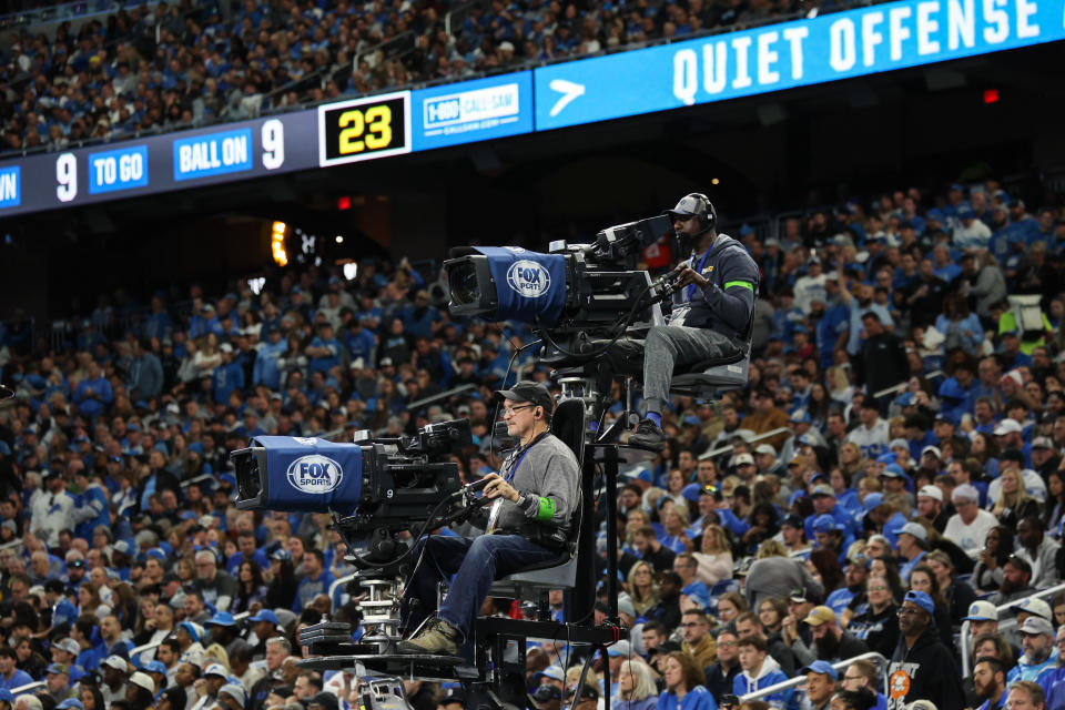 DETROIT, MI - NOVEMBER 19:  The FOX Sports logo is seen on the television cameras mounted onto the dual mobile camera platform during an NFL football game between the Chicago Bears and the Detroit Lions on November 19, 2023 at Ford Field in Detroit, Michigan.  (Photo by Scott W. Grau/Icon Sportswire via Getty Images)