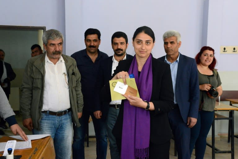 Feleknas Uca of the pro-Kurdish Peoples Democratic Party (HDP) representing the main Kurdish city of Diyarbakır prepares to vote in the Turkish referendum on expanding presidential powers