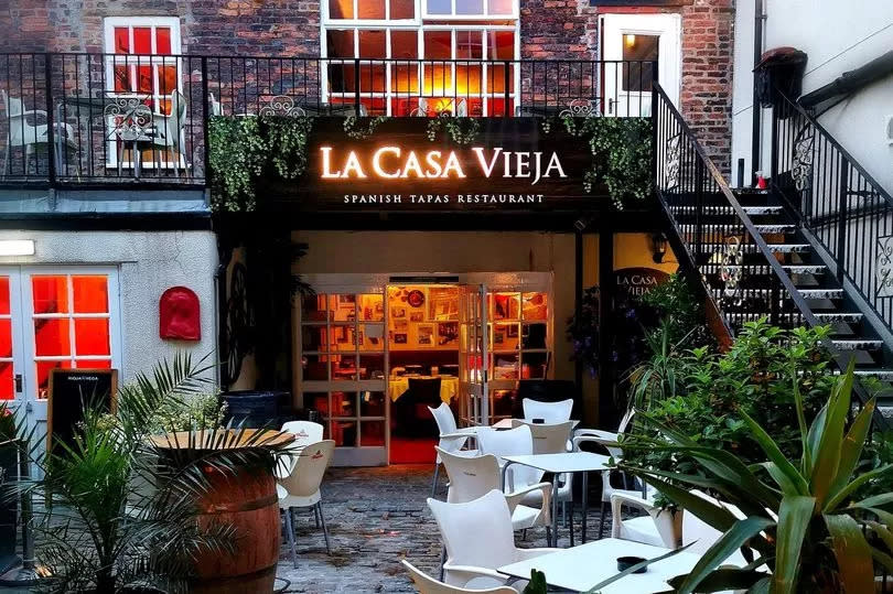 The courtyard Spanish Tapas Restaurant and Bar La Casa Vieja off Bickerstaff Street in St Helens
