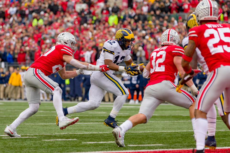 Chris Evans (12) is Michigan’s leading rusher entering the Peach Bowl as Karan Higdon is skipping the game. (Photo by Adam Lacy/Icon Sportswire via Getty Images)