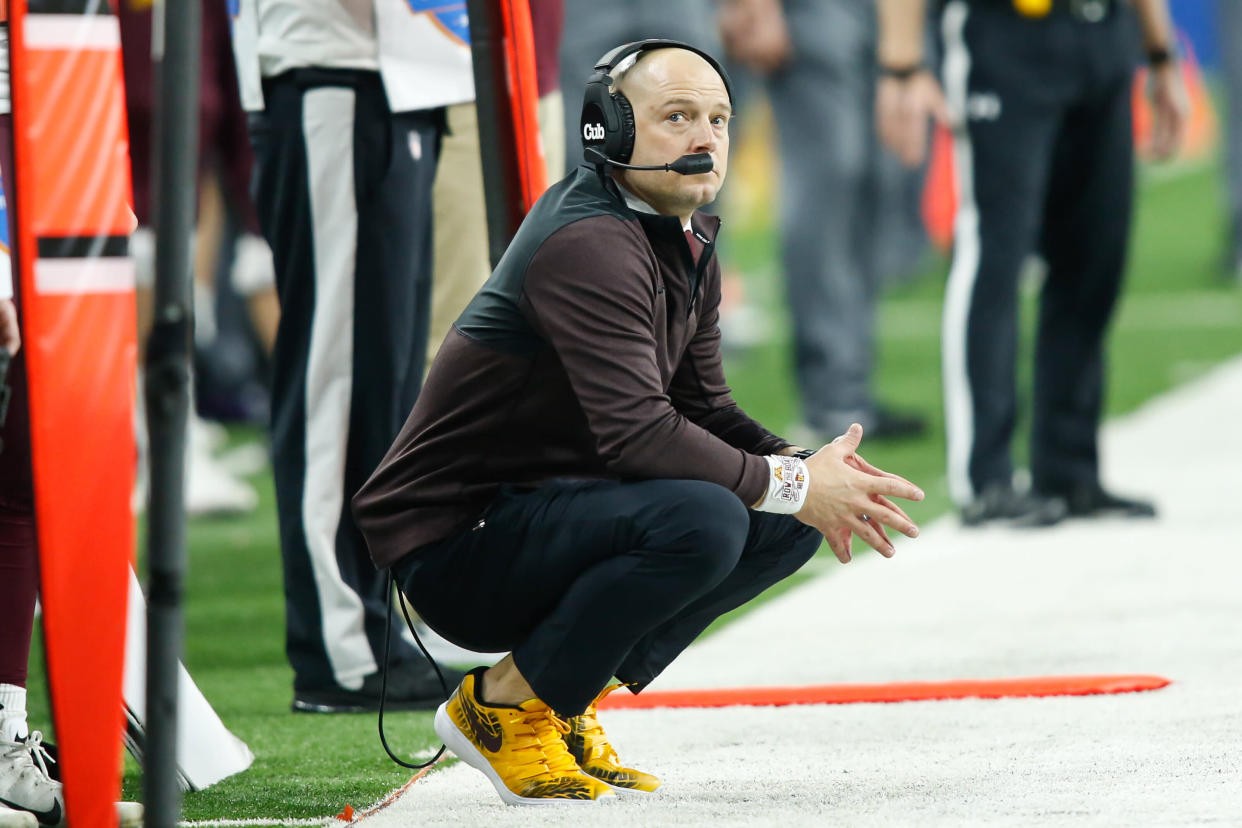 DETROIT, MI - DECEMBER 26:  Minnesota Golden Gophers head coach P.J. Fleck watches the action on the field during the Quick Lane Bowl game between the Minnesota Golden Gophers and the Georgia Tech Yellow Jackets on December 26, 2018 at Ford Field in Detroit, Michigan.  (Photo by Scott W. Grau/Icon Sportswire via Getty Images)