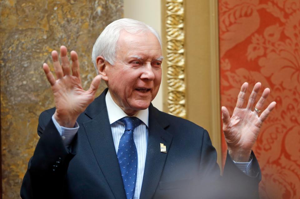 Sen. Orrin Hatch, R-Utah, gestures to the Utah House during a visit at the Utah State Capitol, in Salt Lake City, Feb. 21, 2018.