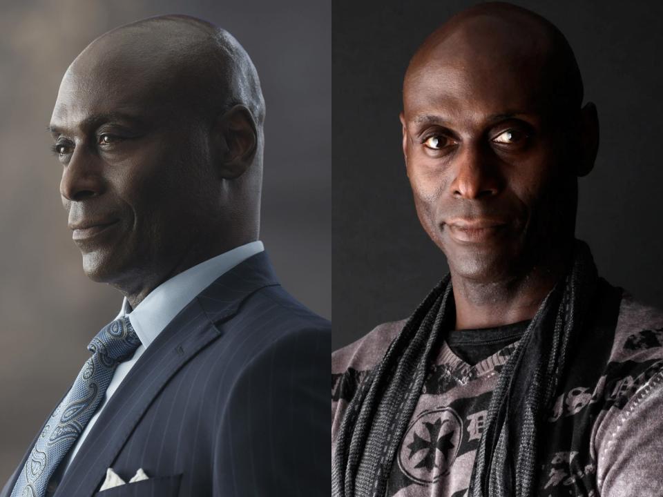 left: zeus, a serious man in a suit in percy jackson: right: lance reddick, smiling slightly and half lit on the side of his face