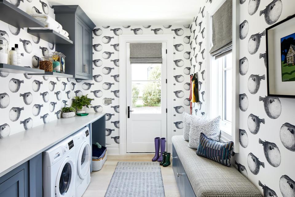 Elizabeth Gill Mudroom with puffer fish wallpaper
