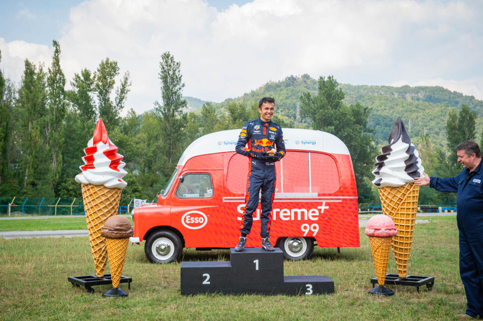 Albon got a first-hand taste of the new fuel by driving an Esso Synergy Supreme 99-powered ice cream van