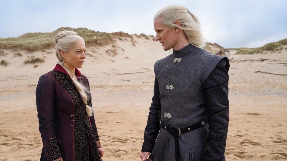 Emma D'Arcy and Matt Smith look at each other in the Game of Thrones prequel House of the Dragon