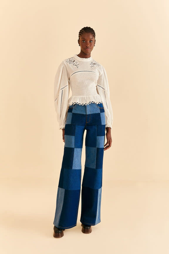 $225 Farm Rio graphic patchwork wide-leg denim.