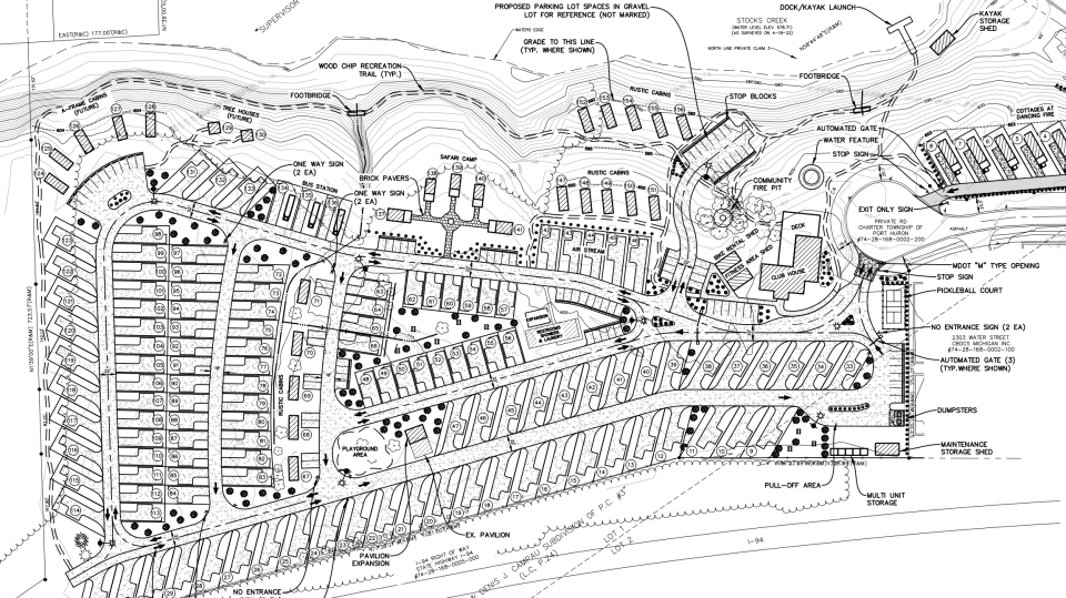 Most of the  master plan layout for Dancing Fire RV and Glamping Resort, 2301 Water St., is shown on the former site of Port Huron Township's RV park, which was sold last year to developer Steve Ureel. Not shown is the site's planned dog run in its southwest corner and a couple north-side cottages.