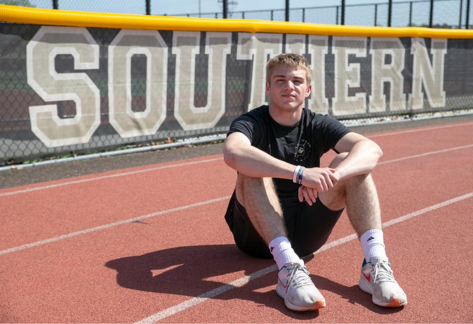 Southern Regional High School boys track sprint standout Cole Cramer.Manahawkin, NJWednesday, April 19, 2023