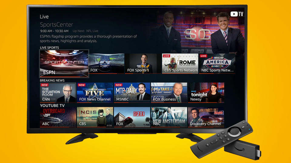 A TV and Amazon Fire TV stick and remote on an orange background