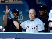 Aug 15, 2015; Toronto, Ontario, CAN; New York Yankees right fielder Carlos Beltran (36) is greeted in the dugout by teammates after hitting a home run against Toronto Blue Jays in the first inning at Rogers Centre. Dan Hamilton-USA TODAY Sports