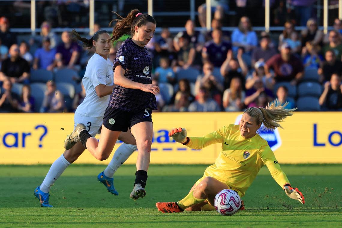 Racing Louisville FC defender Paige Monaghan (5) takes a shot at goal as North Carolina Courage goalkeeper Casey Murphy (1) attempts to block it during the first half at Lynn Family Stadium. Aaron Doster/Aaron Doster-USA TODAY Sports