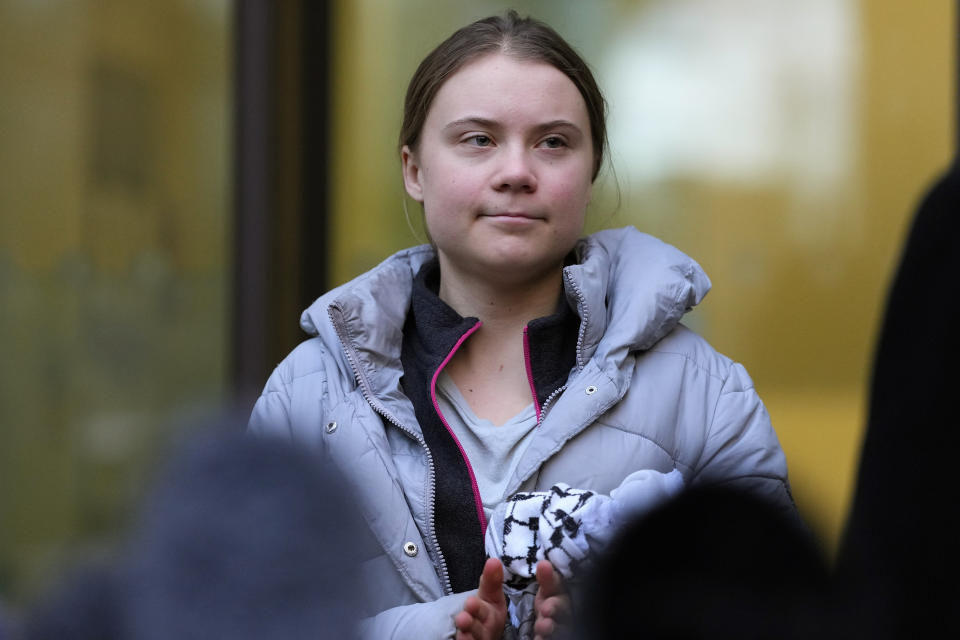 Environmental activist Greta Thunberg at Westminster Magistrates Court in London, Friday, Feb. 2, 2024. A judge has acquitted climate activist Greta Thunberg of a charge that she had refused to leave a protest that blocked the entrance to a major oil and gas industry conference in London last year. Thunberg was acquitted along with four other defendants.(AP Photo/Kirsty Wigglesworth)