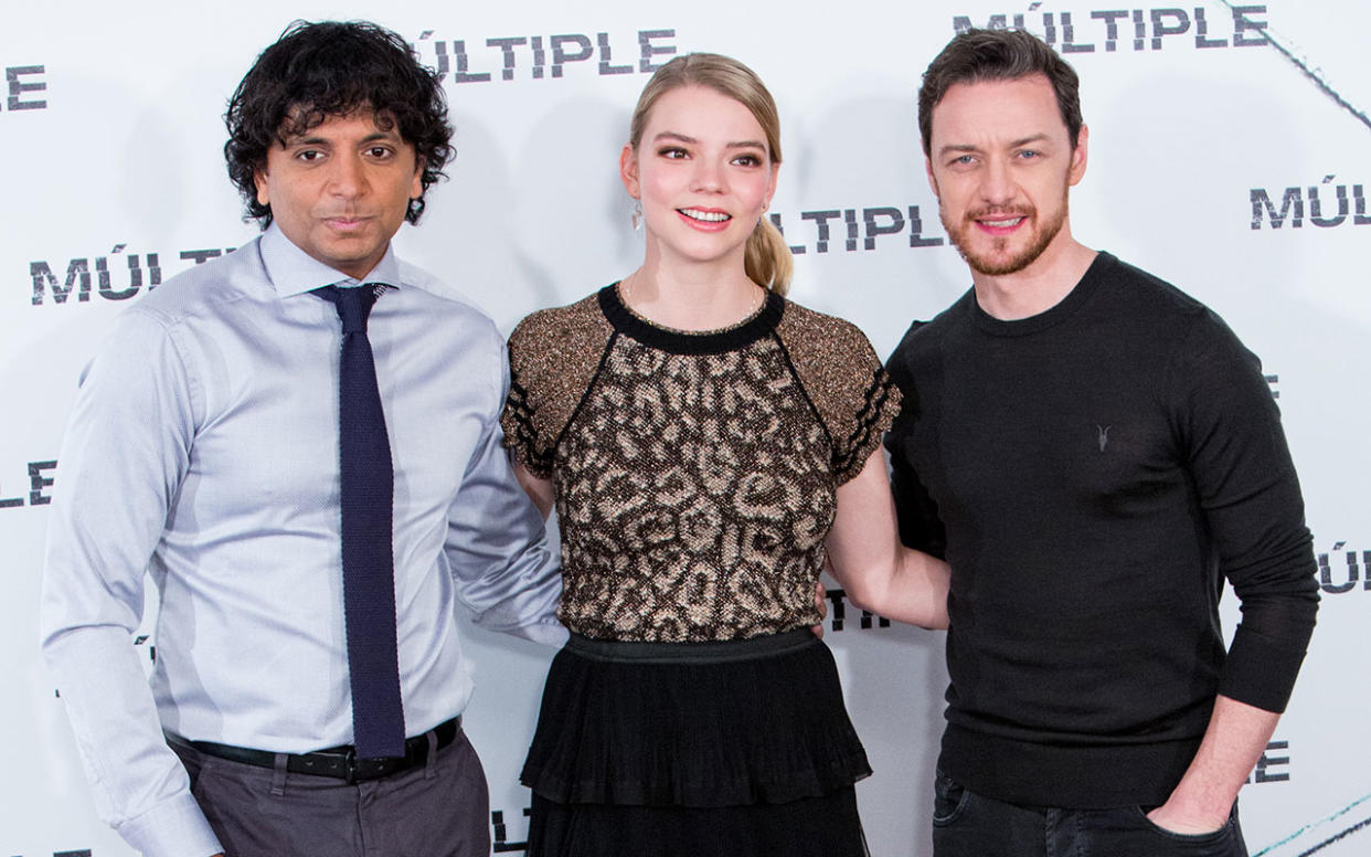 (L-R) M. Night Shyamalan, Anya Taylor-Joy and James McAvoy attend 'Multiple' ('Split') photocall on January 12, 2017 in Madrid, Spain. (Photo by Pablo Cuadra/Getty Images)