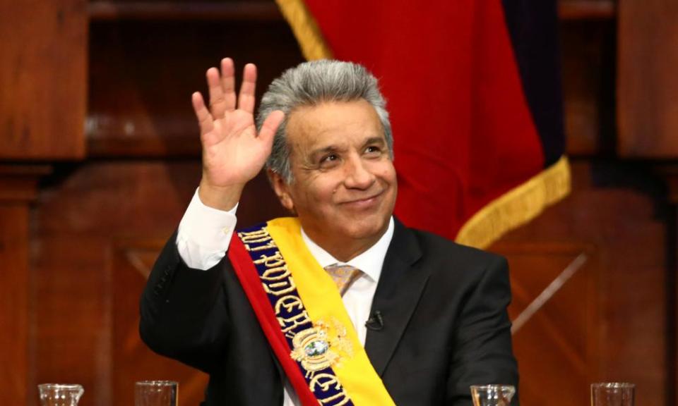 Ecuador’s President Lenin Moreno waves during his inauguration ceremony.