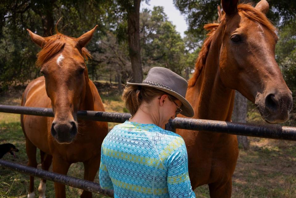 Erin Bell, owner of Big Heart Ranch and a horse dressage company along Doug Harrison’s property, unlocks a gate on her property with her horses, Posey, left, and Joy, right, in Comal County nearly halfway between New Braunfels and Bulverde on June 15, 2023. Bell is among the residents who raised environmental concerns after Doug Harrison submitted an application for a wastewater treatment plant on his 500-plus-acre plot of land.