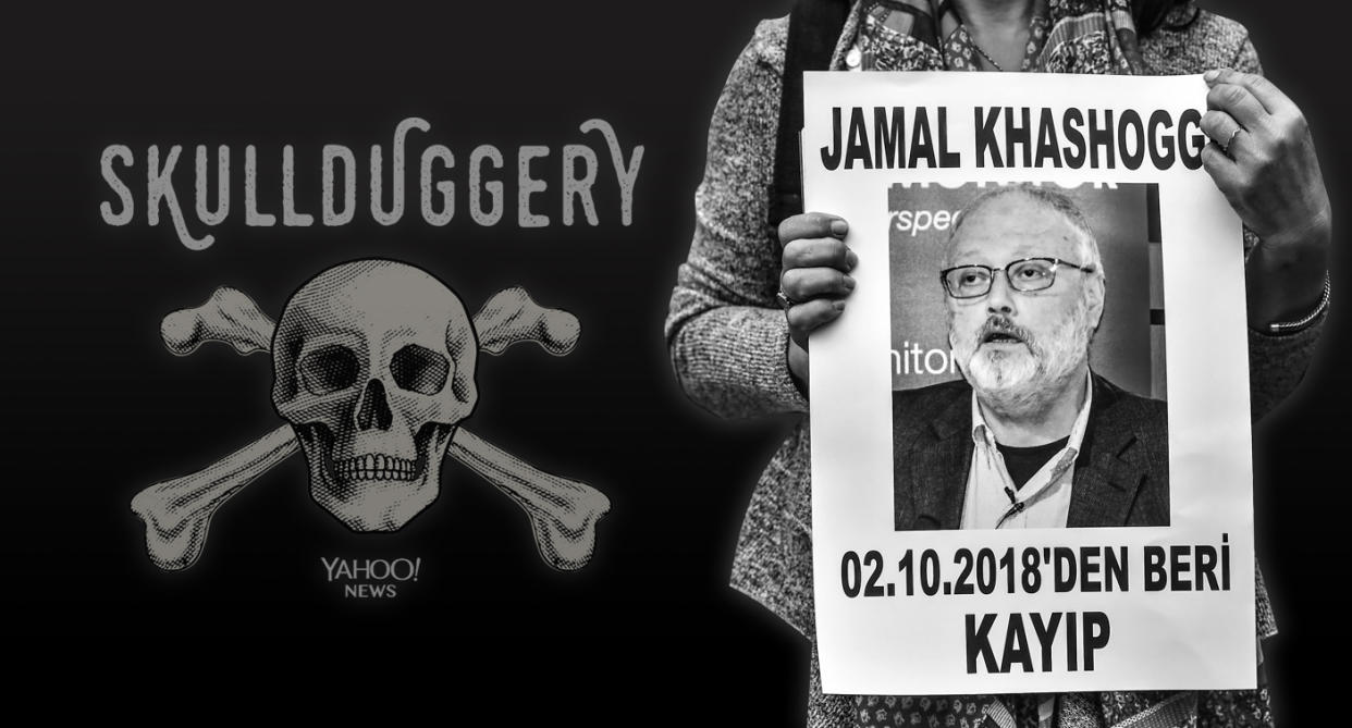 A woman holds a portrait of missing journalist Jamal Khashoggi. (Yahoo News photo Illustration; photo: Ozan Kose/AFP/Getty Images)