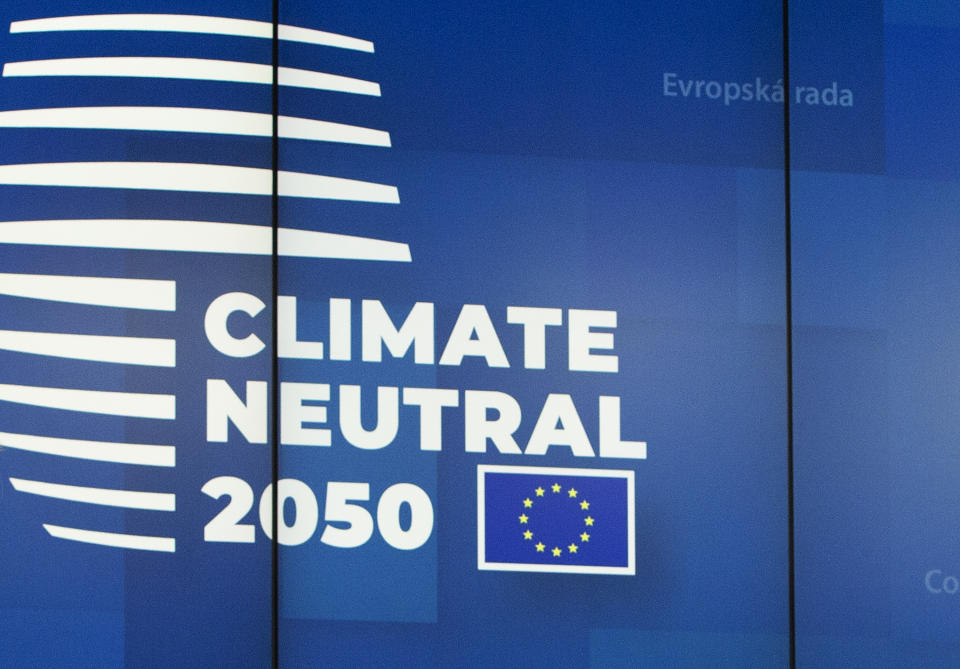 FILE - In this file photo dated Friday, Dec. 13, 2019, a European logo as European Union leaders gathered for their year-end summit and discussed climate change funding, in Brussels. Massive challenges lay ahead for the European Union in 2020, as the impact of climate change seems likely to drive the bloc's thinking and policy initiatives over the coming years, starting Wednesday Jan. 1, 2020. (AP Photo/Virginia Mayo, FILE)