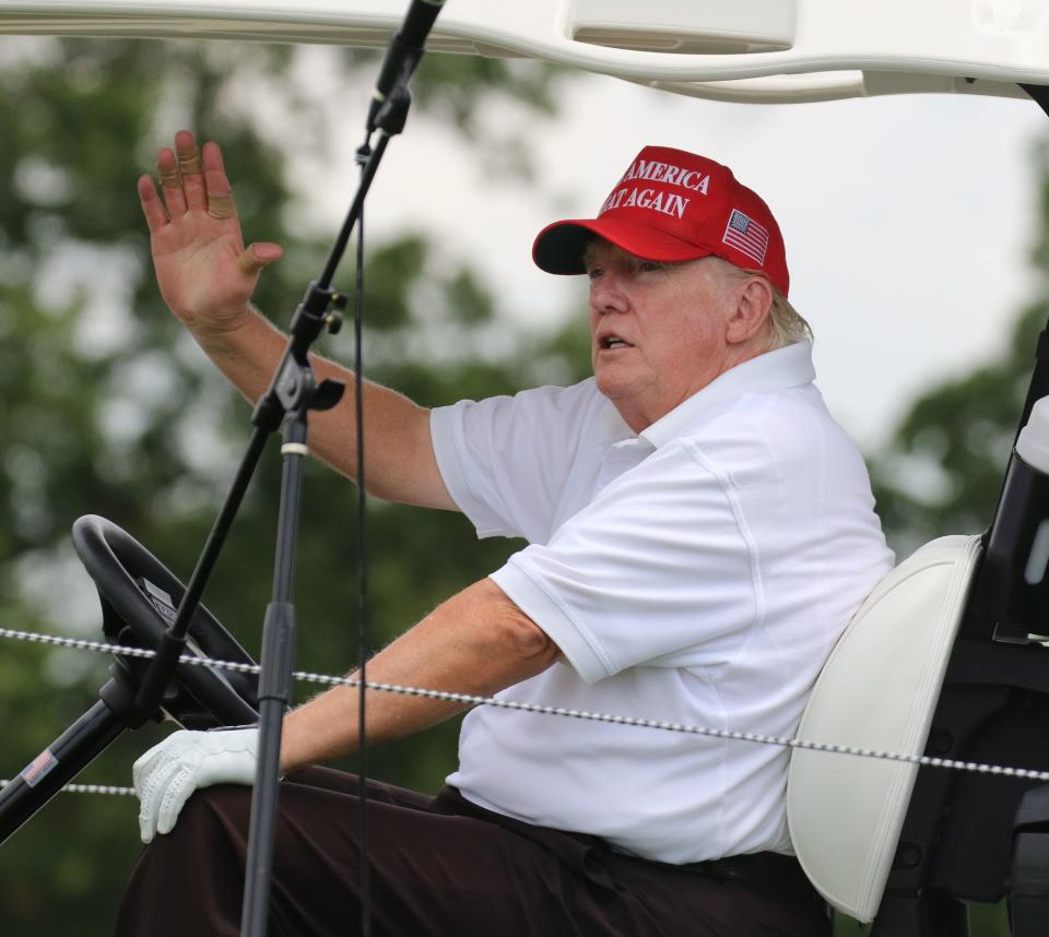 Trump during the Pro Am. The LIV Pro Am Tournament featured the former President of the United States, Donald Trump and his son Eric playing with with Dustin Johnson and Bryson DeChambeau at Trump National in Bedminster, NJ on July 28, 2022.