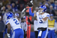 BYU quarterback Jaren Hall (3) throws a pass against Stanford during the first half of an NCAA college football game in Stanford, Calif., Saturday, Nov. 26, 2022. (AP Photo/Godofredo A. Vásquez)