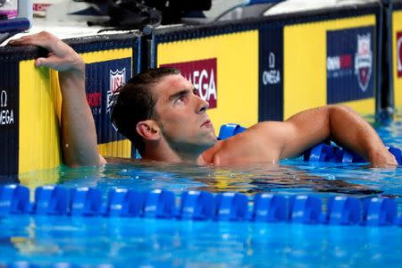 Jun 28, 2016; Omaha, NE, USA; Michael Phelps after the men's butterfly 200m semi-finals in the U.S. Olympic swimming team trials at CenturyLink Center. Erich Schlegel-USA TODAY Sports